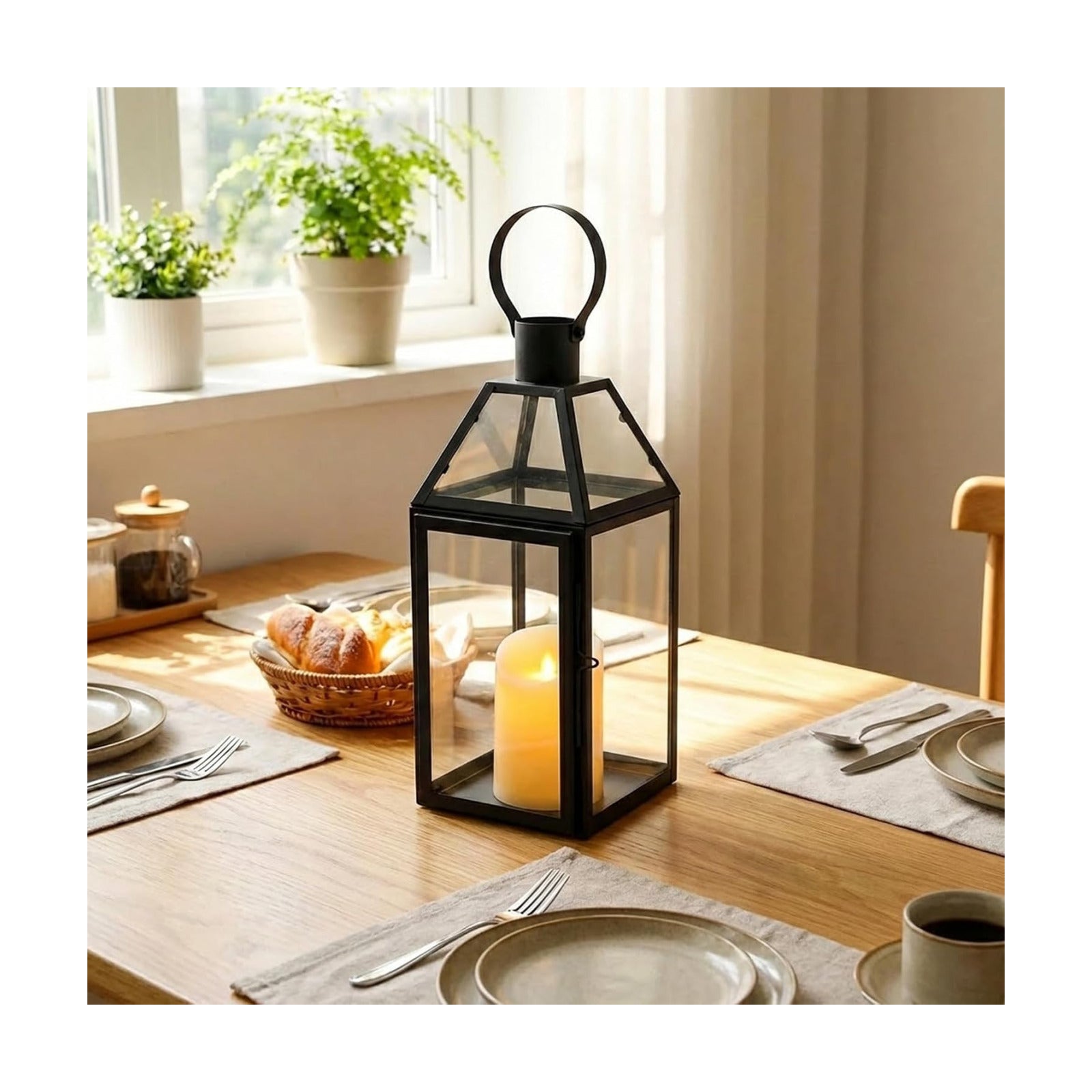 JHY DESIGN Black Decorative Lanterns 16“H Decorative Candle Lantern with Tempered Glass for Indoor Outdoor Events