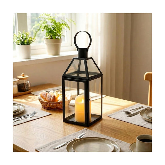 JHY DESIGN Black Decorative Lanterns 16“H Decorative Candle Lantern with Tempered Glass for Indoor Outdoor Events