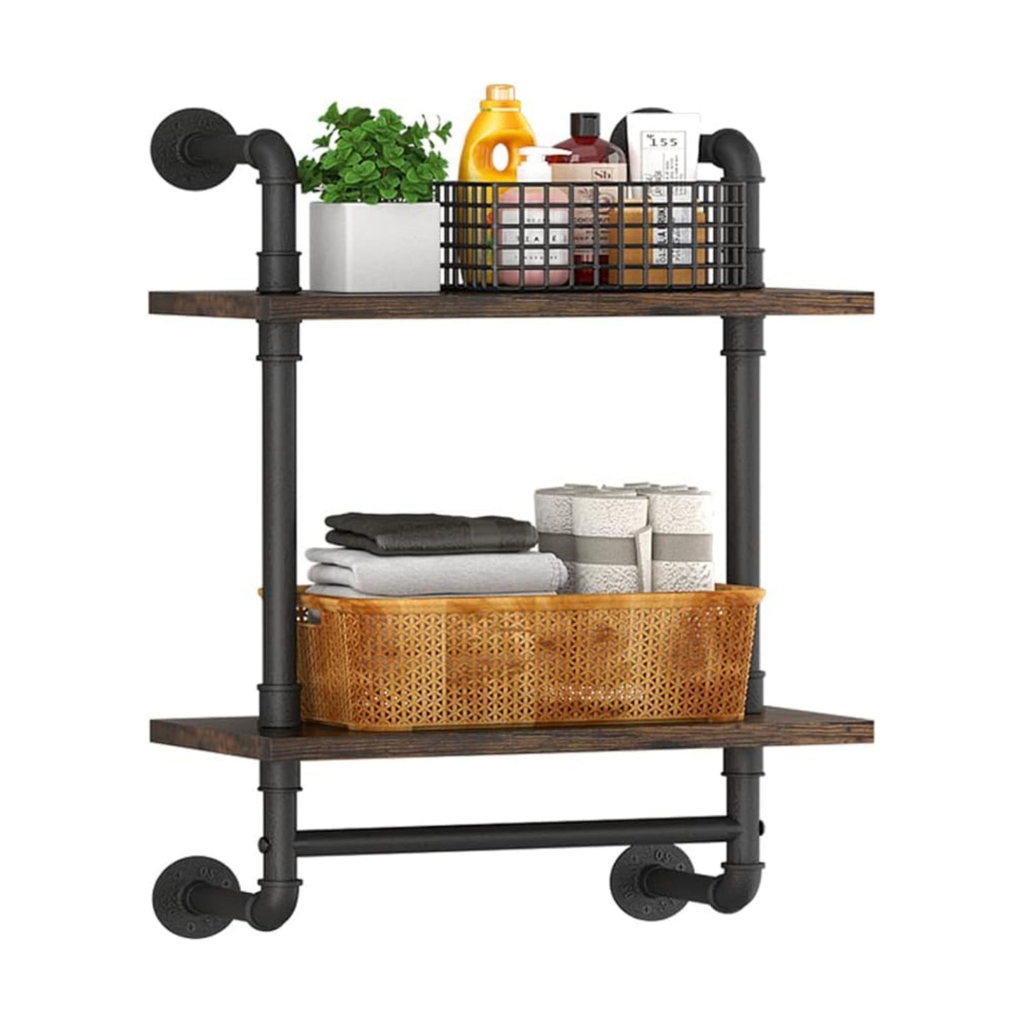Helsin 2 Tier Industrial Pipe Floating Bathroom Shelves Wall Mounted with Towel Bar, Rustic Wood Wall Shelf, 16 Inch