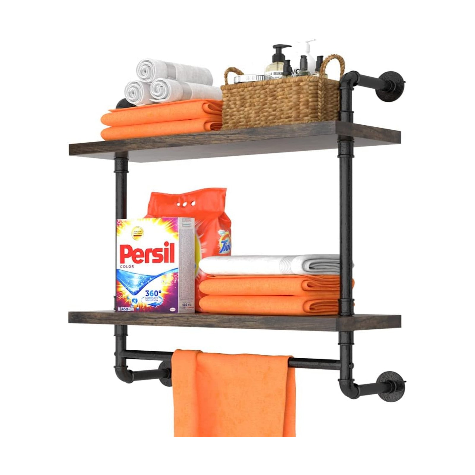 Helsin 24inch Industrial Pipe Shelving Bathroom Shelves Wall Mounted with Towel bar, 2 Tier Rustic Wood Floating Shelf