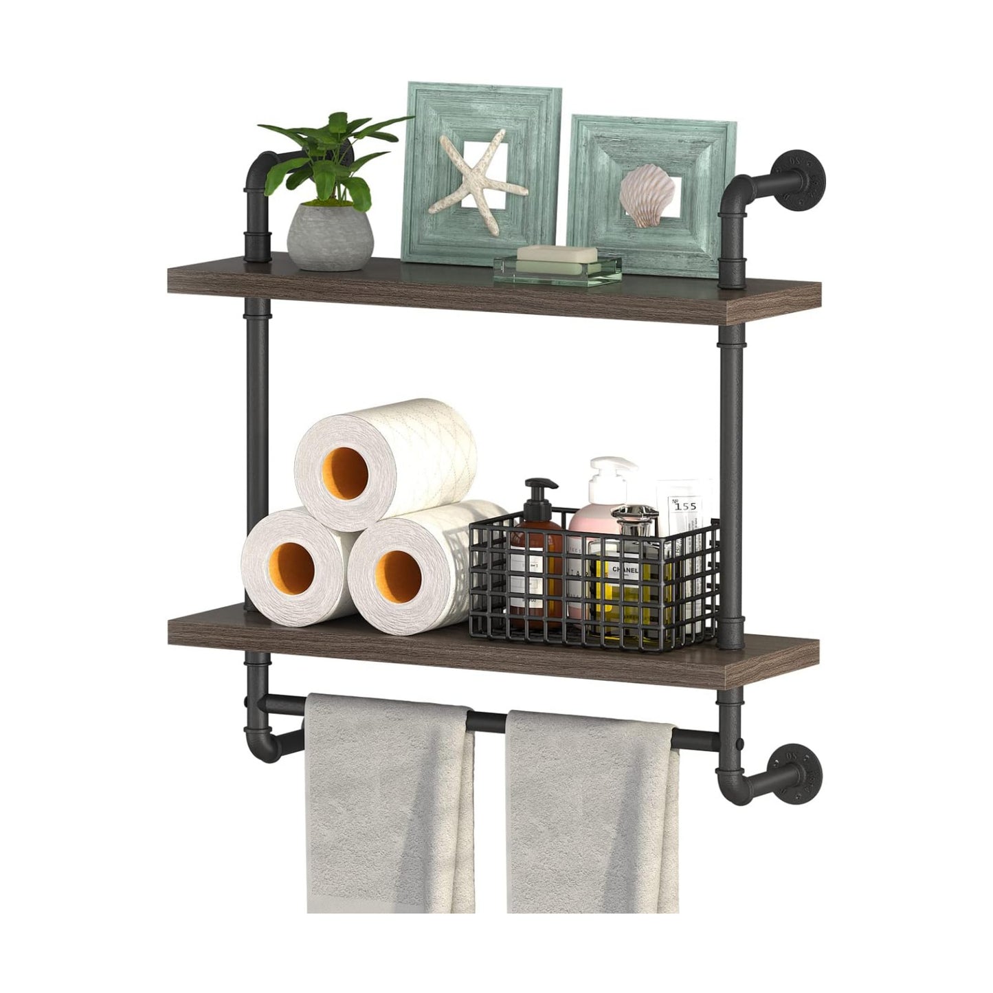 Helsin 2 Tier Wood Floating Shelves Towel Rack, Industrial Pipe Bathroom Shelves Wall Mounted with Towel bar, Wall