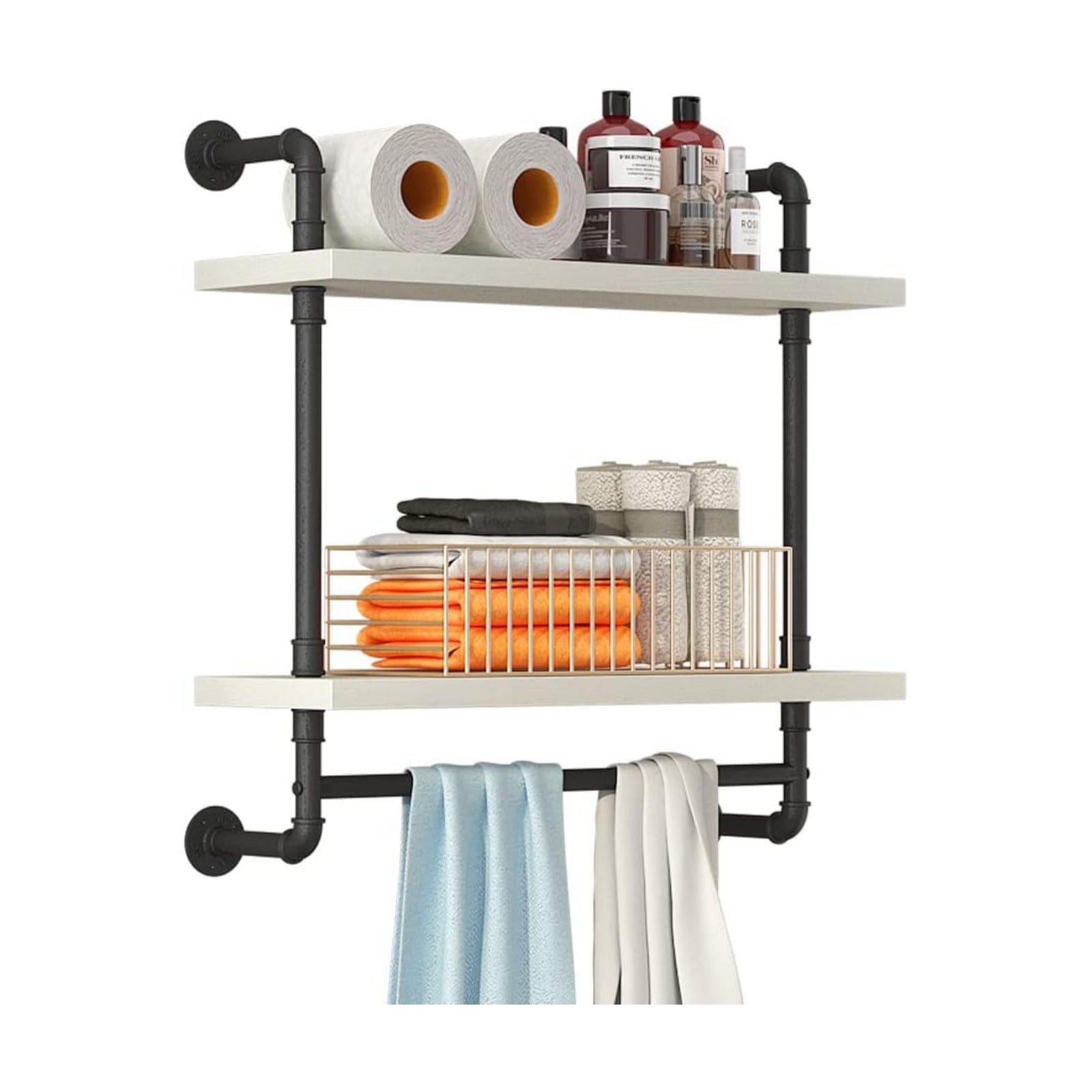 Helsin 24inch Industrial Pipe Shelving Bathroom Shelves Wall Mounted with Towel bar, 2 Tier Rustic Wood Floating Shelf