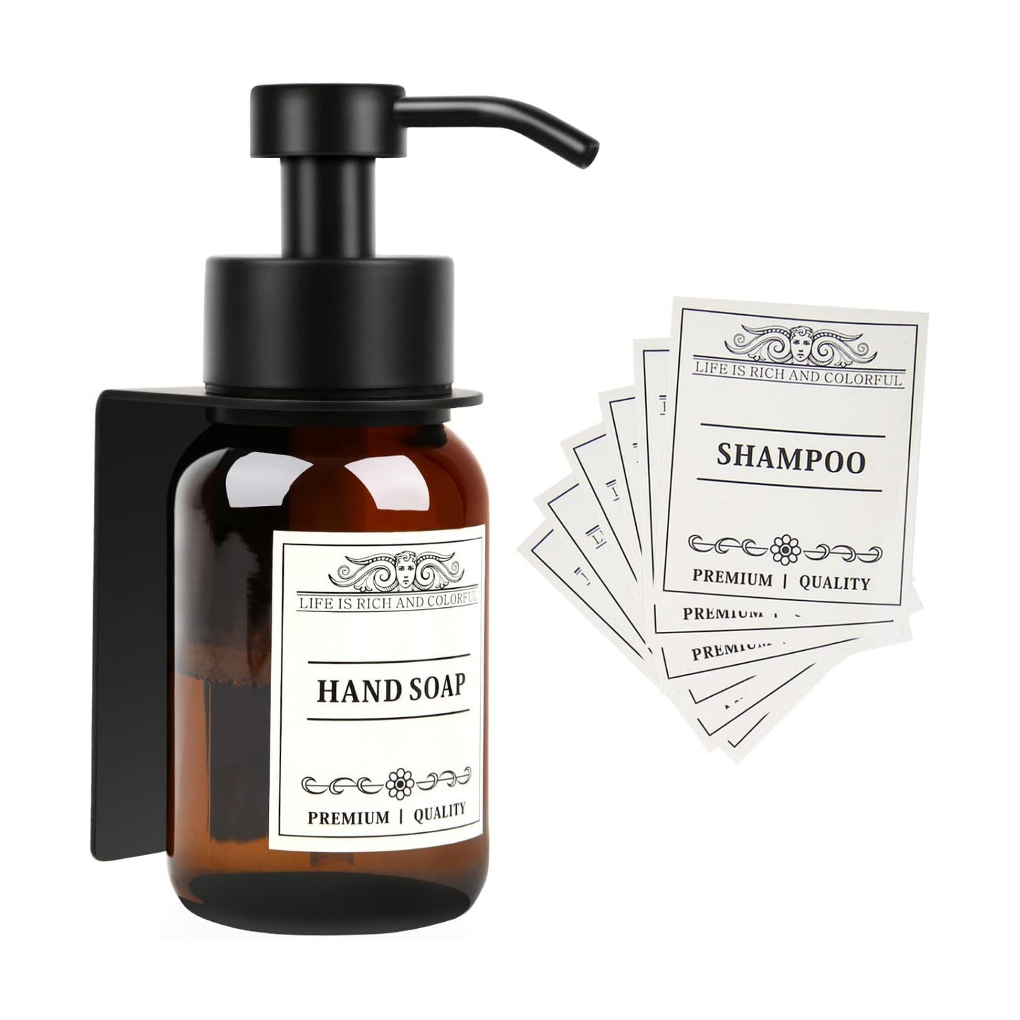 Glass Soap Dispenser with Pump and Wall Mount Holder,8.5 Oz Shampoo and Conditioner Dispenser with Waterproof
