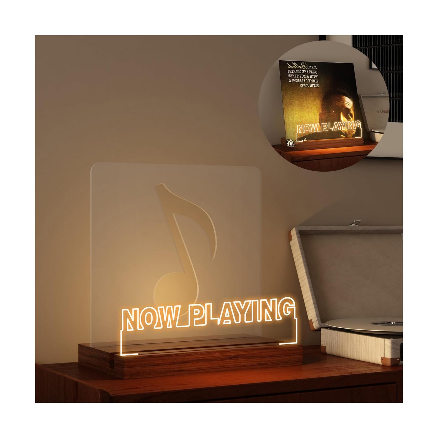 YuanDian Now Playing Vinyl Record Stand, Light up Display Holder for Vinyl Records, Wooden Acrylic Holder with Warm