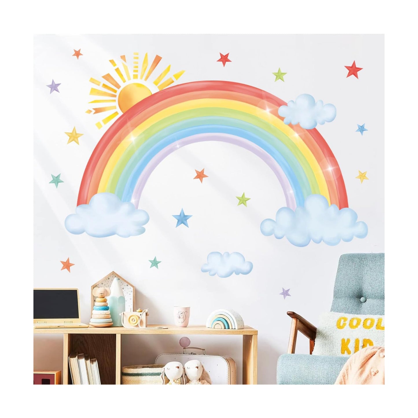 Large Rainbow Wall Decals Sun Cloud Star Wall Stickers Baby Nursery Girls Bedroom Living Room / B