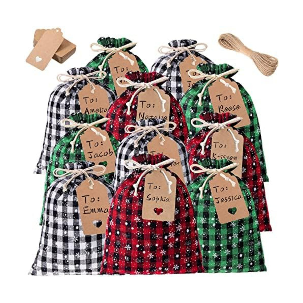 Shappy 24 Pcs Christmas Drawstring Gift Bags Xmas Buffalo Plaid Burlap Advent Bags 10 x 8 Inches Linen Treat Candy Bag with 32.8 ft Rope 24 Card(Mixed Colors with Snowflake)