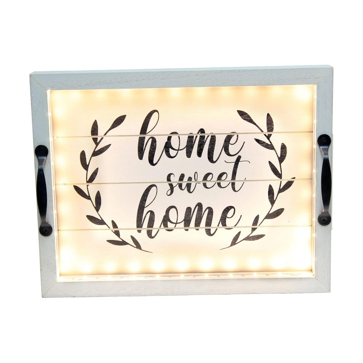 Elegant Designs HG2032-GHH Salento Farmhouse Rectangular Decorative LED Light Up Wooden Serving Tray w Metal Handles & Home Sweet Home in Black for Décor, Centerpiece, Breakfast, Bar, Gray Wash