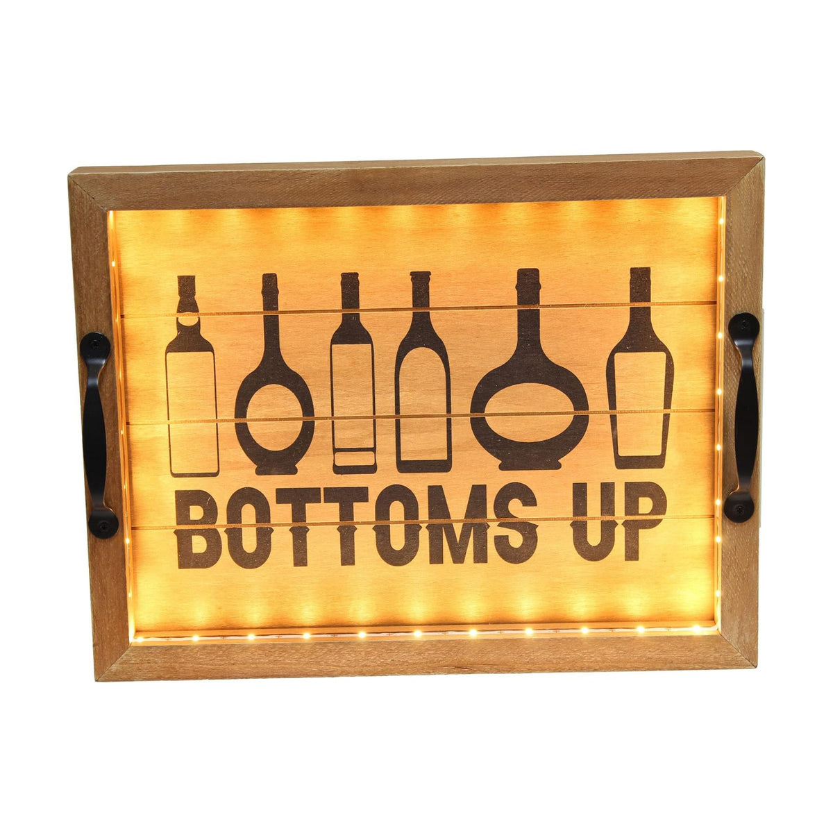 Elegant Designs HG2032-NBU Salento Farmhouse Rectangle Decorative LED Light Up Wooden Serving Tray w Black Metal Handles & Bottoms Up in Black for Décor, Centerpiece, Breakfast, Coffee,Bar, Natural