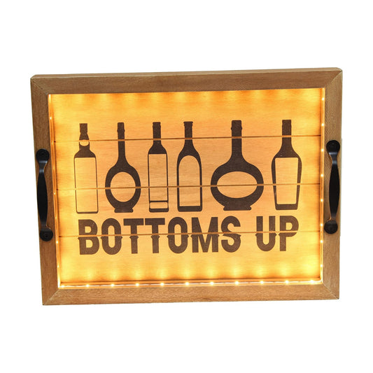 Elegant Designs HG2032-NBU Salento Farmhouse Rectangle Decorative LED Light Up Wooden Serving Tray w Black Metal Handles & Bottoms Up in Black for Décor, Centerpiece, Breakfast, Coffee,Bar, Natural