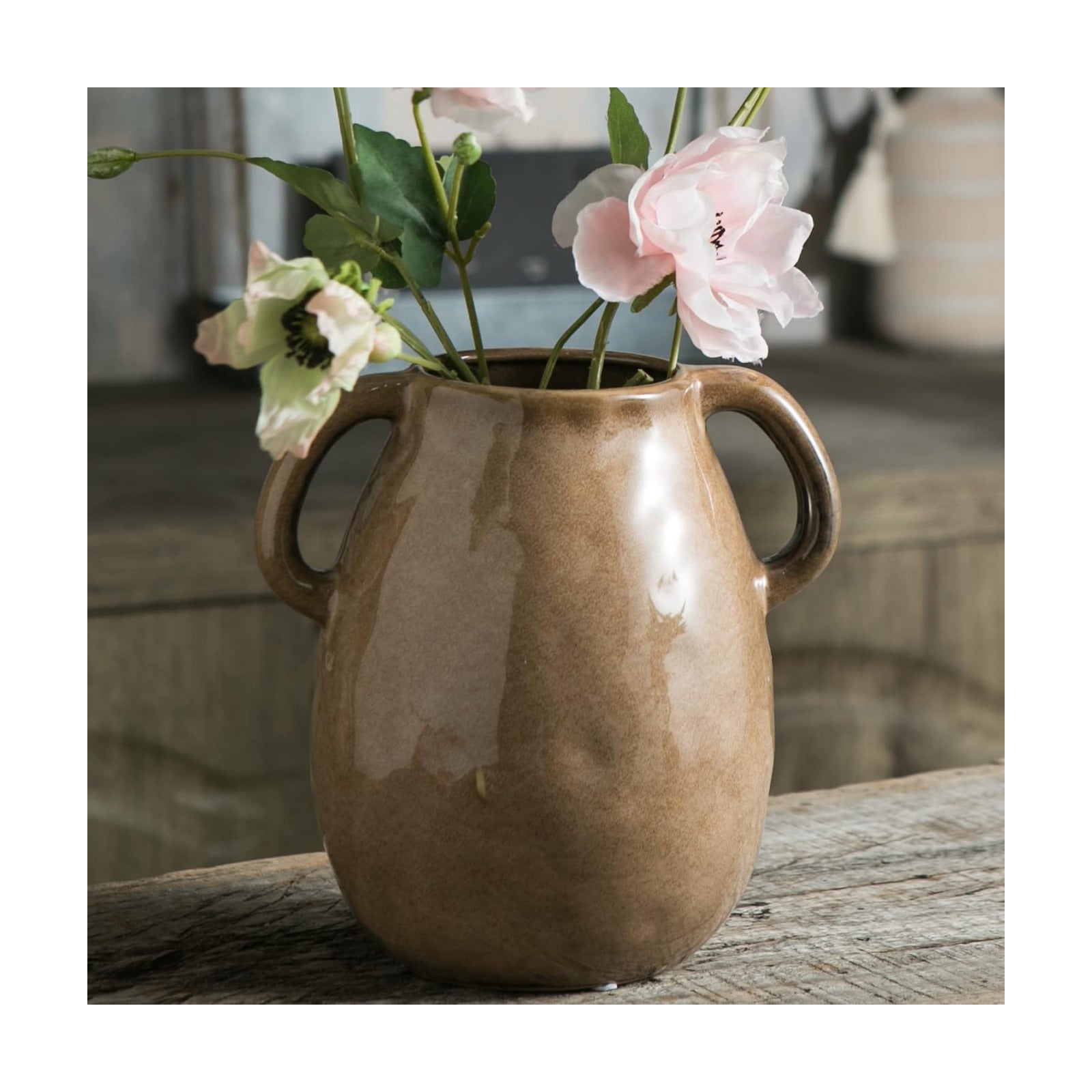 Brown Ceramic Vase / Double Handle - Brown