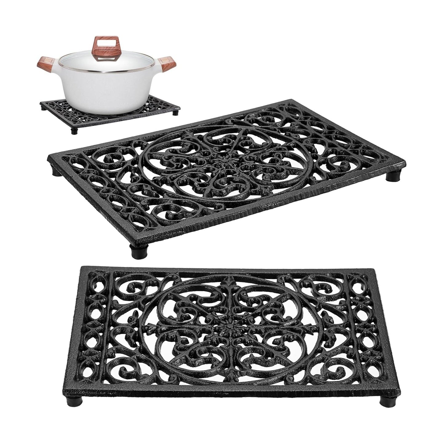 Sumnacon Cast Iron Trivet 2Pcs Heat Resistant Trivets for Hot Pots and Pans | Rustic Metal Trivets with Rubber Feets