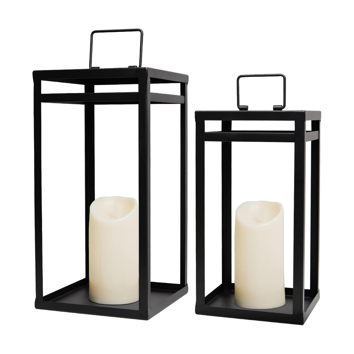 HPC Decor Black Metal Candle Lanterns Set of 2- Lanterns Decorative w/ LED Timer Candles- 15.8'' & 12.6'' Chunky Modern