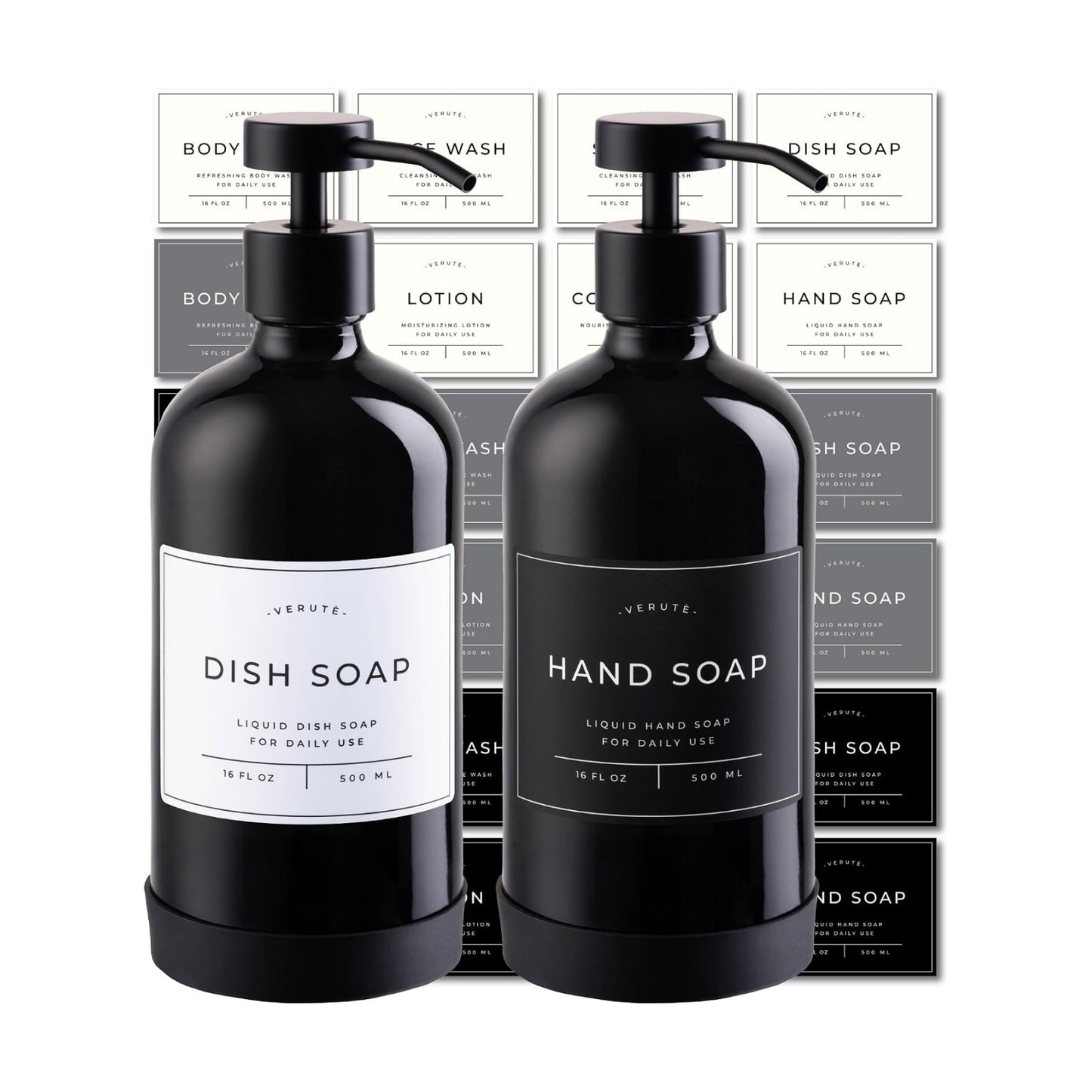 Hand and Dish Soap Dispenser for Kitchen and Bathroom, Set of 2 16 Oz Glass Bottles, Stainless Steel Pumps, Non-Slip