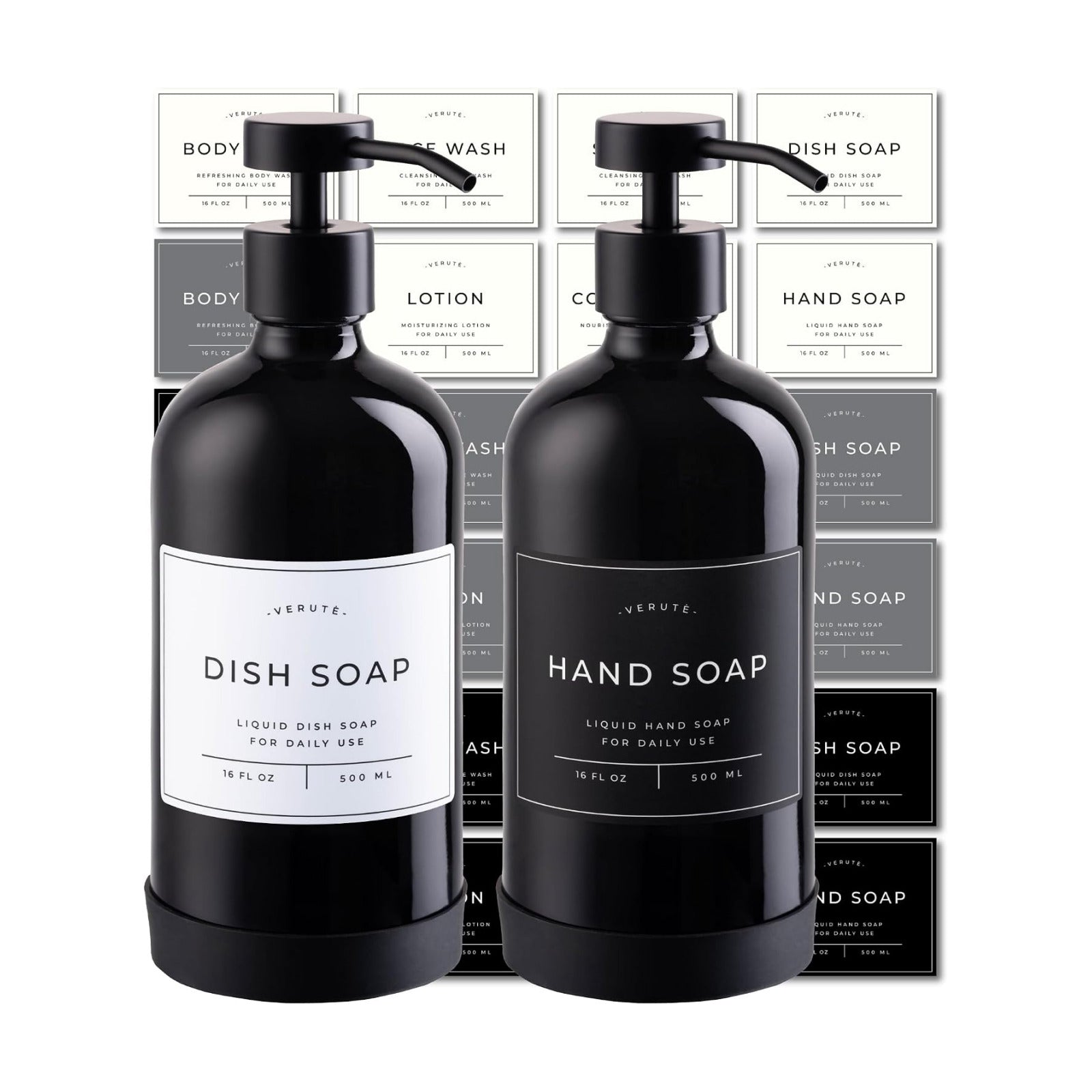 Hand and Dish Soap Dispenser for Kitchen and Bathroom, Set of 2 16 Oz Glass Bottles, Stainless Steel Pumps, Non-Slip