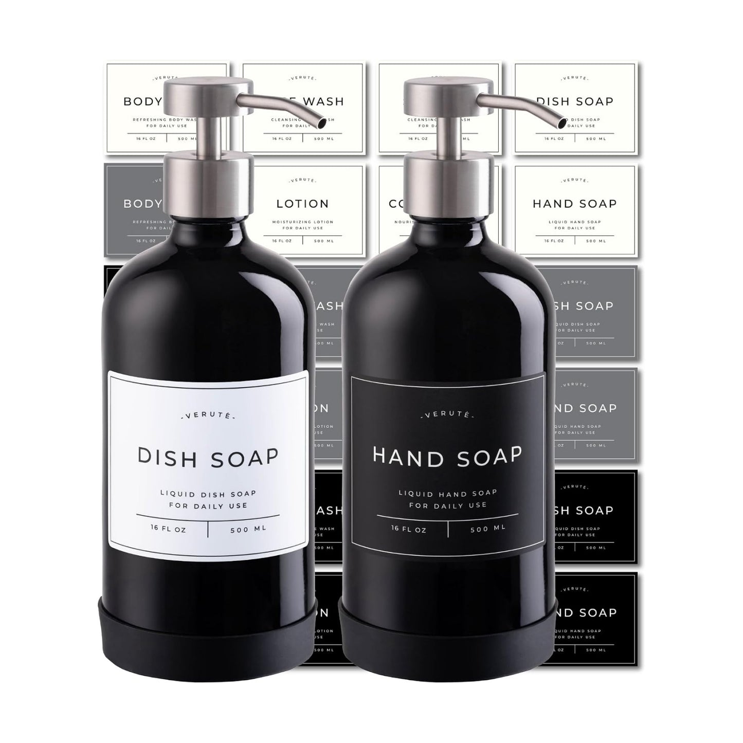 Hand and Dish Soap Dispenser for Kitchen and Bathroom, Set of 2 16 Oz Glass Bottles, Stainless Steel Pumps, Non-Slip