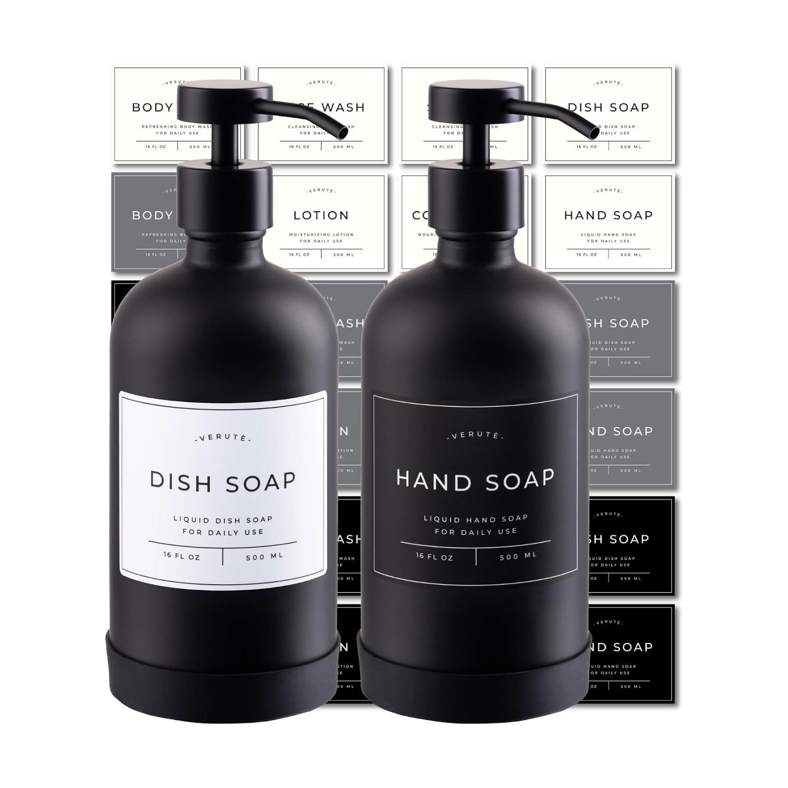 Hand and Dish Soap Dispenser for Kitchen and Bathroom, Set of 2 16 Oz Glass Bottles, Stainless Steel Pumps, Non-Slip