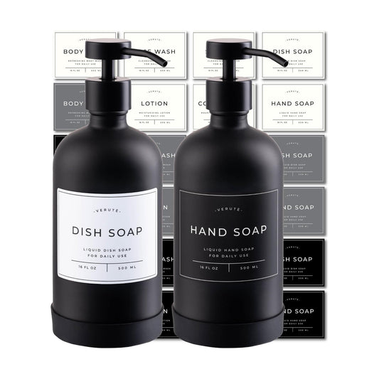 Hand and Dish Soap Dispenser for Kitchen and Bathroom, Set of 2 16 Oz Glass Bottles, Stainless Steel Pumps, Non-Slip