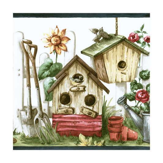 CONCORD WALLCOVERINGS Wallpaper Border Vintage Pattern Birdhouses Garden / White Garden Supplies