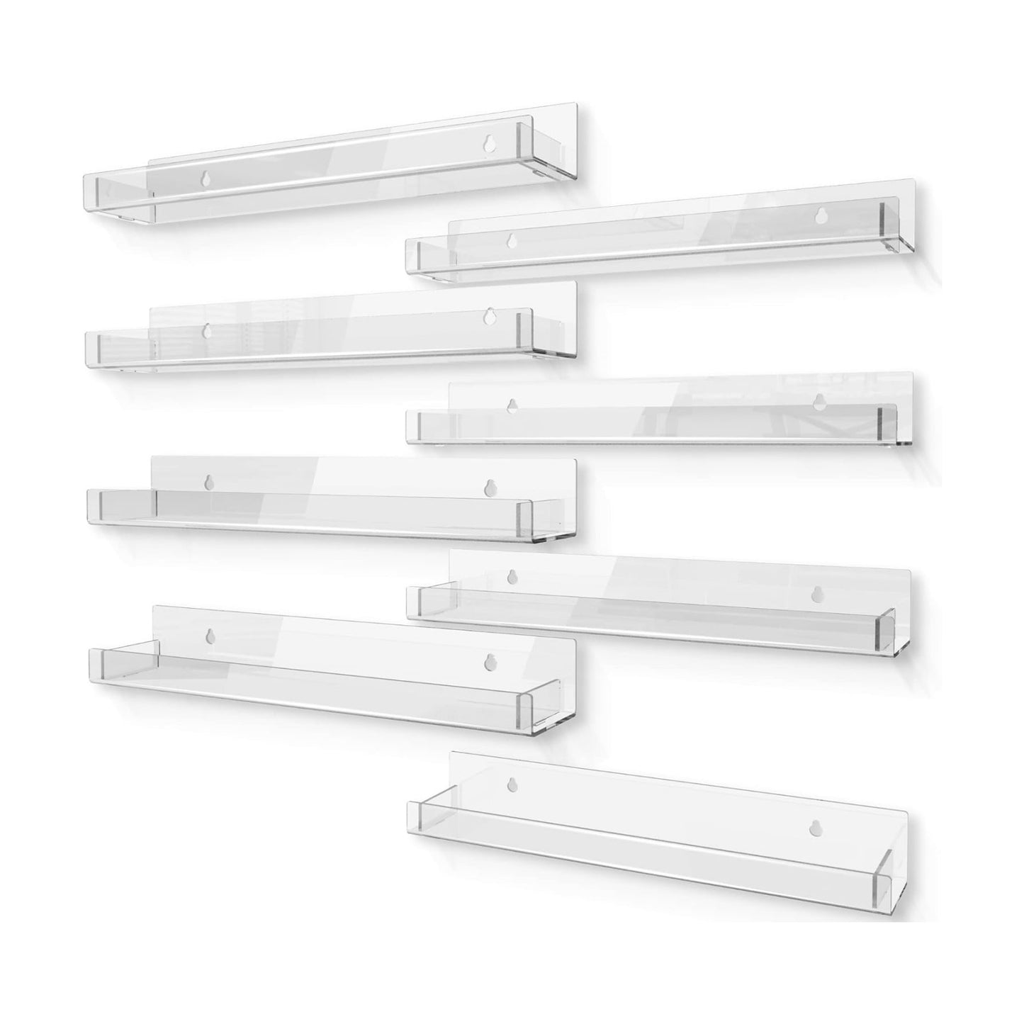8 Pack 15 Inch Clear Acrylic Floating Wall Shelves, Kids Bookshelf | Modern Display Shelf for Nail Polish, Sunglasses