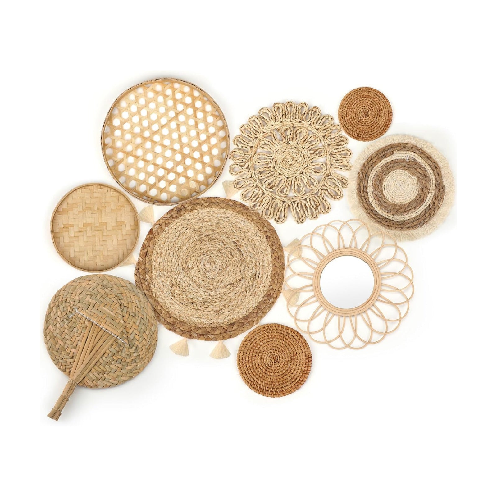 Boho Wall Basket Decor Woven Wicker Wall Baskets Hanging Round Rattan Basket Art Flat / Set of 9