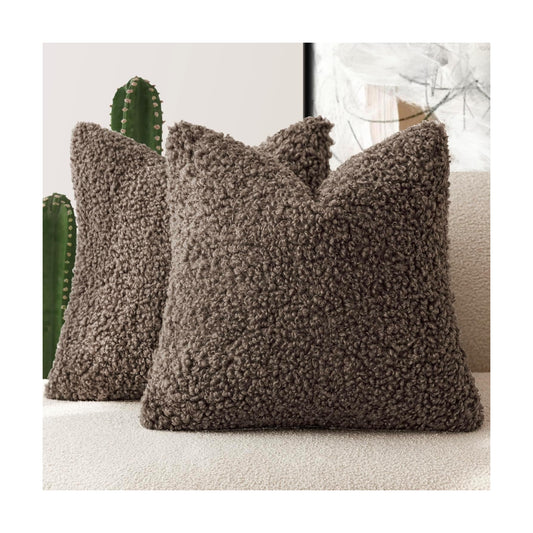Teddy Faux Fur Throw Pillow Cover Decorative Sherpa Pillow Fuzzy / 18 x 18 / Chocolate / Set of 2