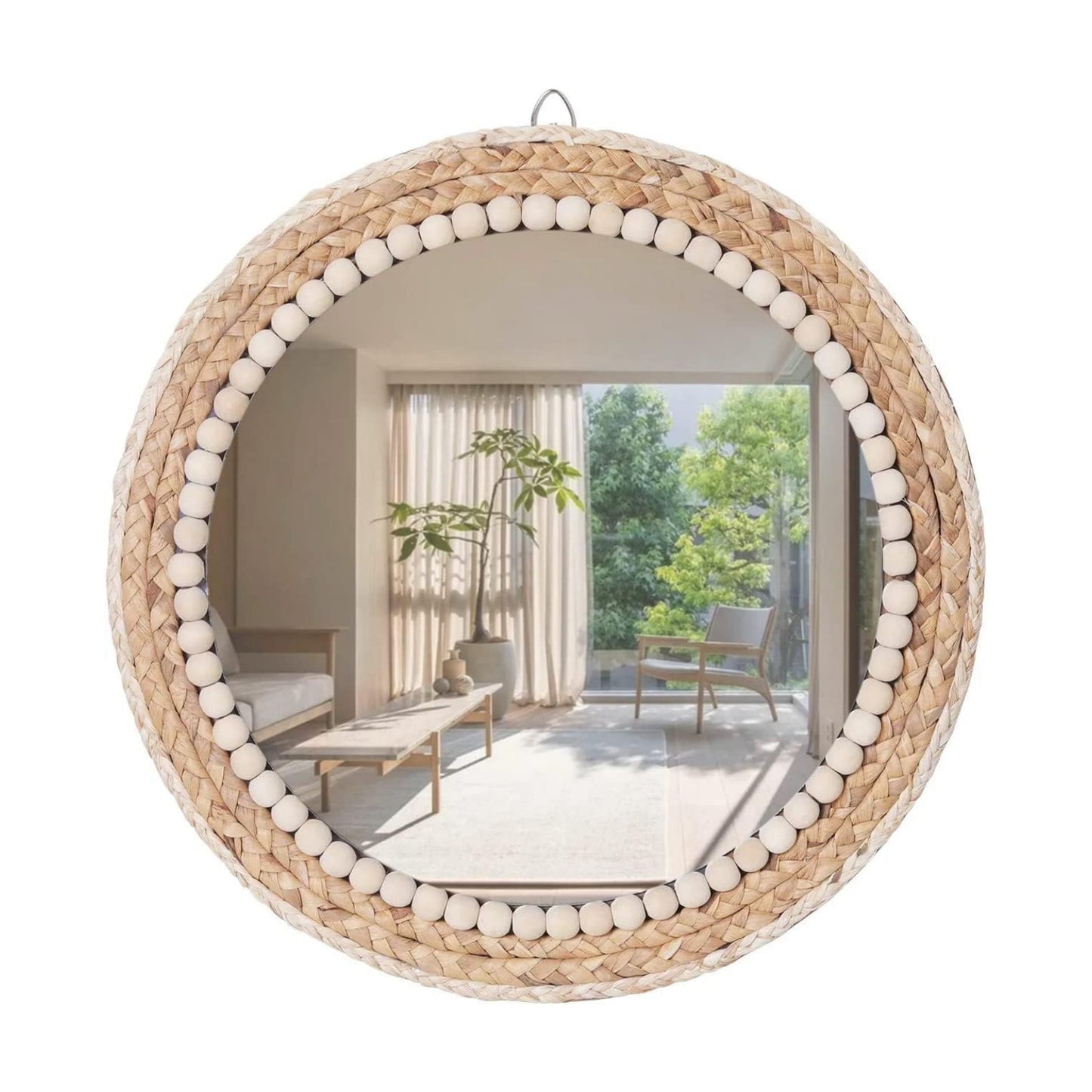 12" Nature Rattan Boho Innovative Art Decoration Round Makeup Mirror Dressing Bedroom Bathroom Wall