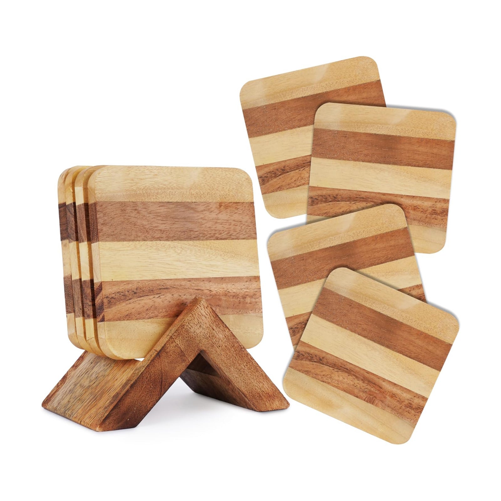 Holder Handmade Wooden Square Dual Tone Color Striped Design / Dual-color / Wood / 4 x 4 / Set of 4
