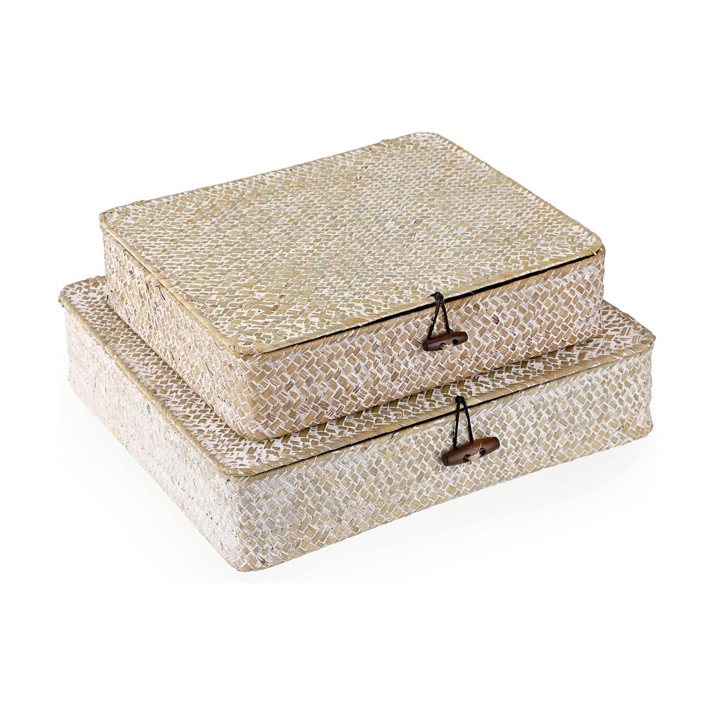 Flat Woven Wicker Storage Bins / Small+large / Whitewash / Natural / Set of 2