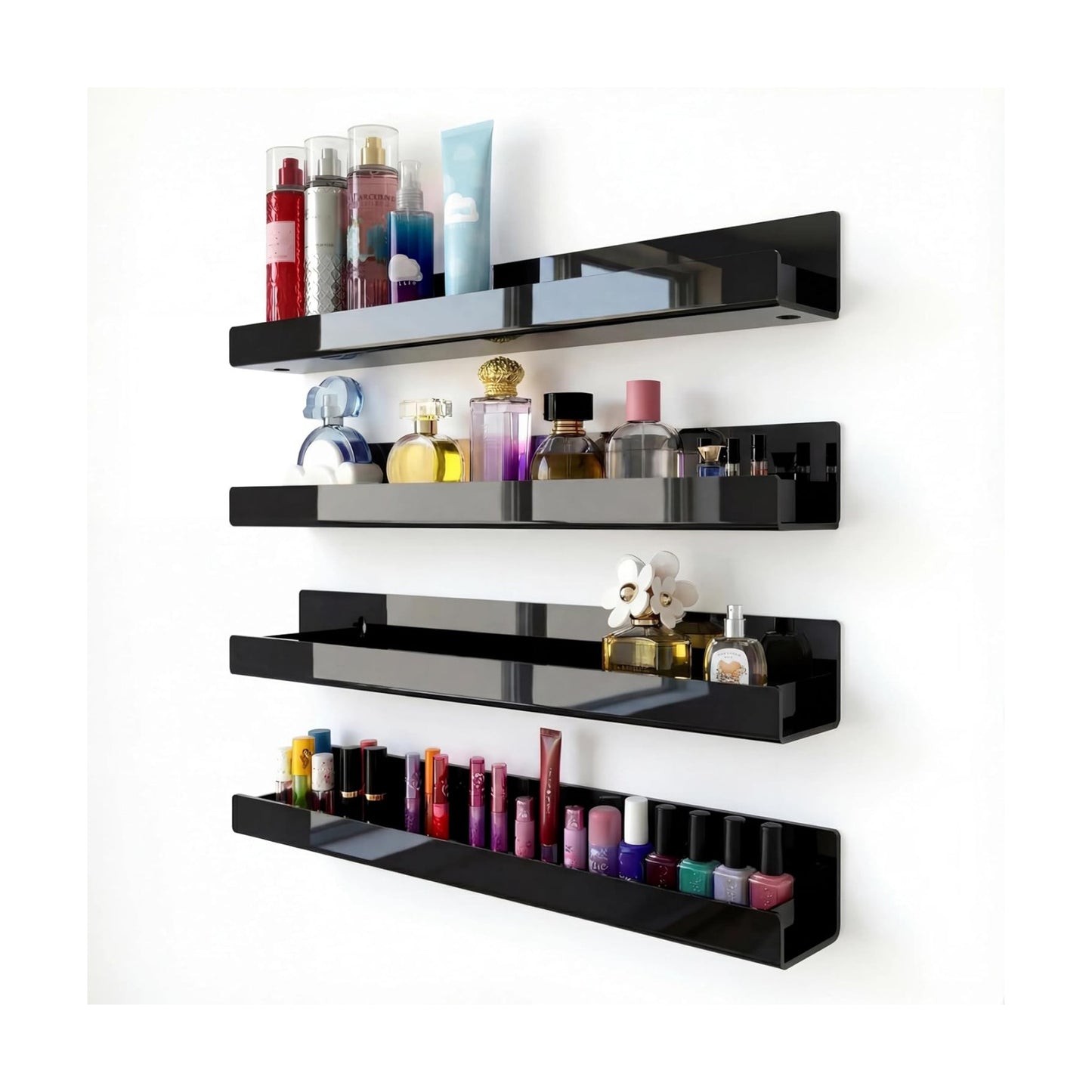 4 Pack 15 Inch Black Acrylic Floating Wall Shelves, Kids Bookshelf | Modern Display Shelf for Nail Polish, Sunglasses