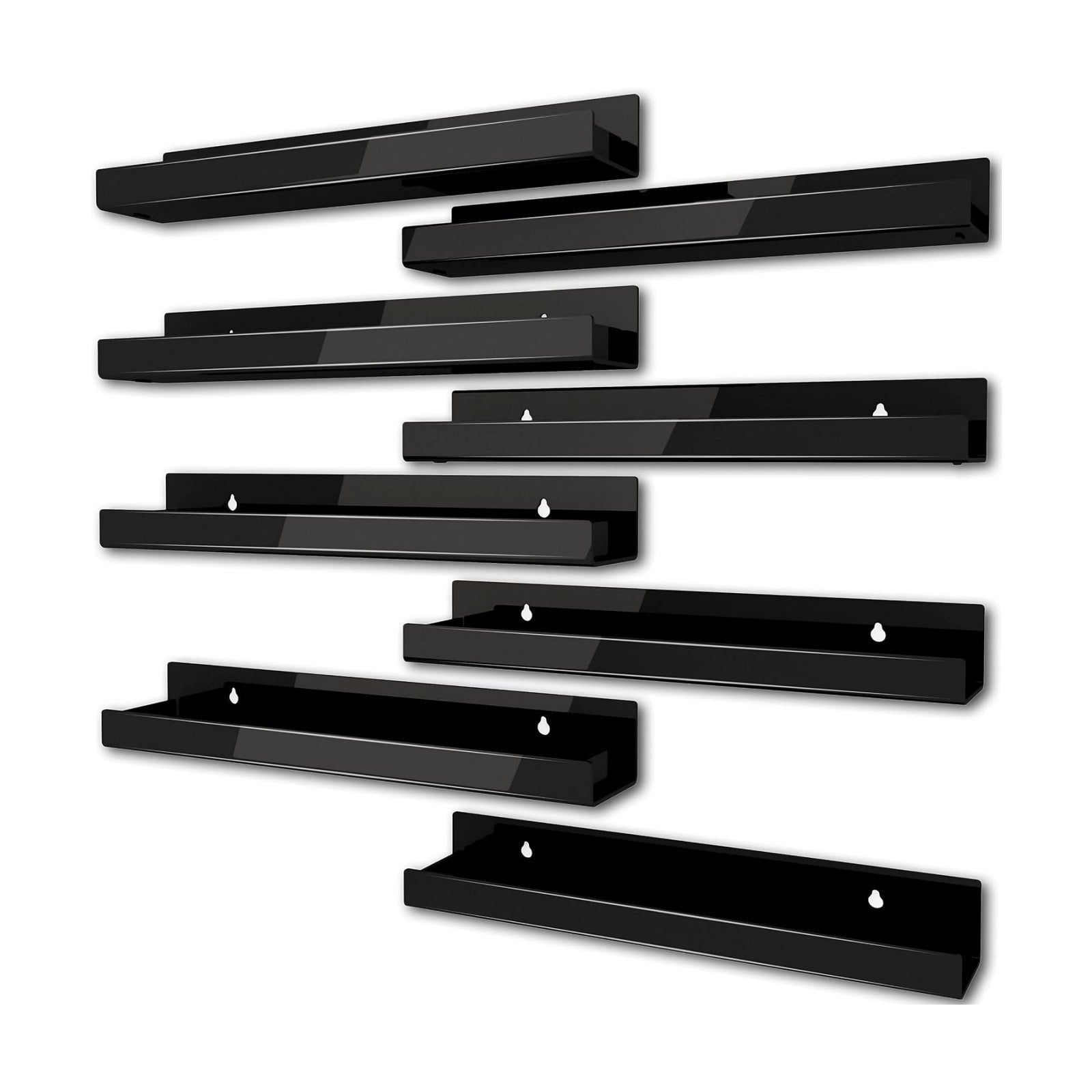 8 Pack 15 Inch Black Acrylic Floating Wall Shelves, Kids Bookshelf | Modern Display Shelf for Nail Polish, Sunglasses