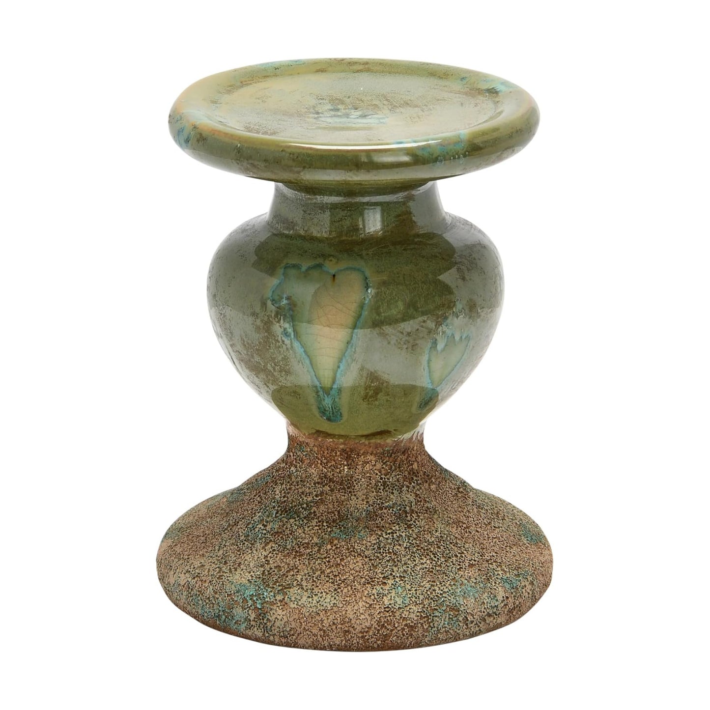 2-Tone Sculptural Terracotta Pillar Candle Holder / 5.5" W x 6.5" H / Green