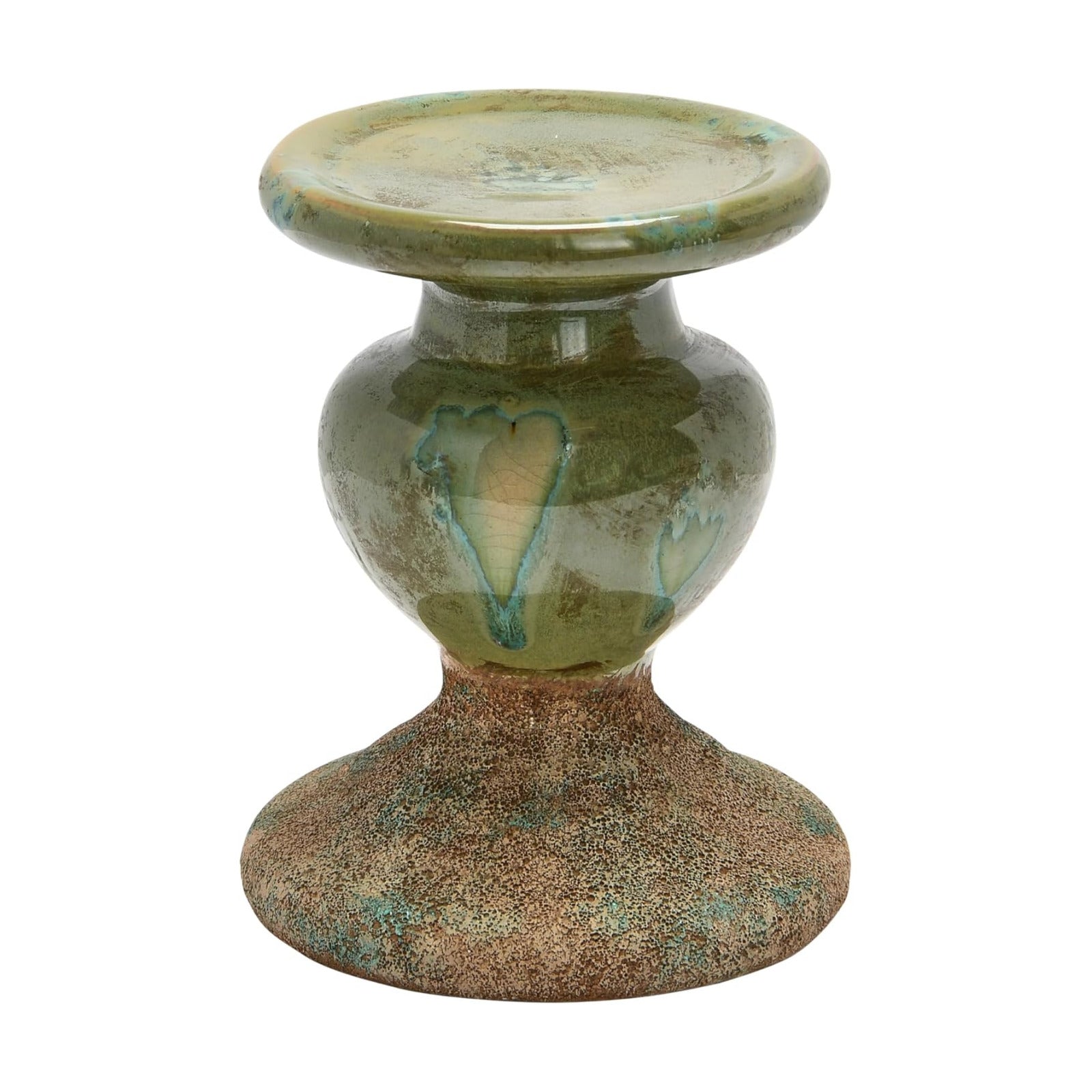 2-Tone Sculptural Terracotta Pillar Candle Holder / 5.5" W x 6.5" H / Green