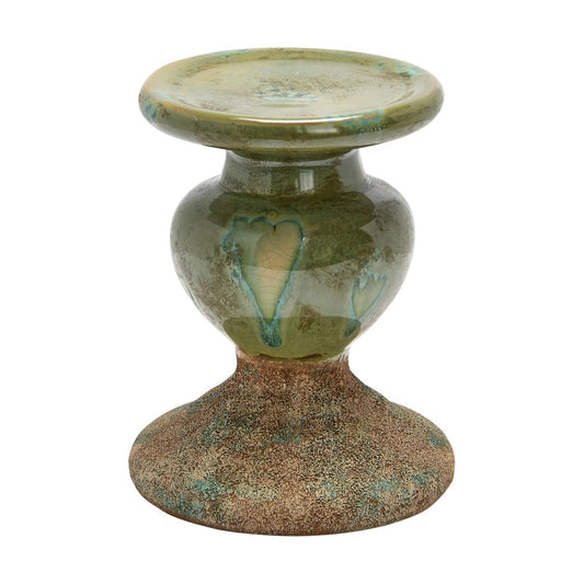 2-Tone Sculptural Terracotta Pillar Candle Holder / 5.5" W x 6.5" H / Green