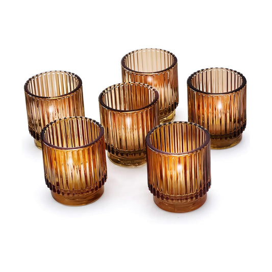 Kate Aspen Vintage Glass Tealight & Amber Votive Candle Holders (Set of 6) Rustic Fluted Candle Holder Set, Boho Home Decor, Wedding Table Centerpieces, Farmhouse Kitchen Table Decor
