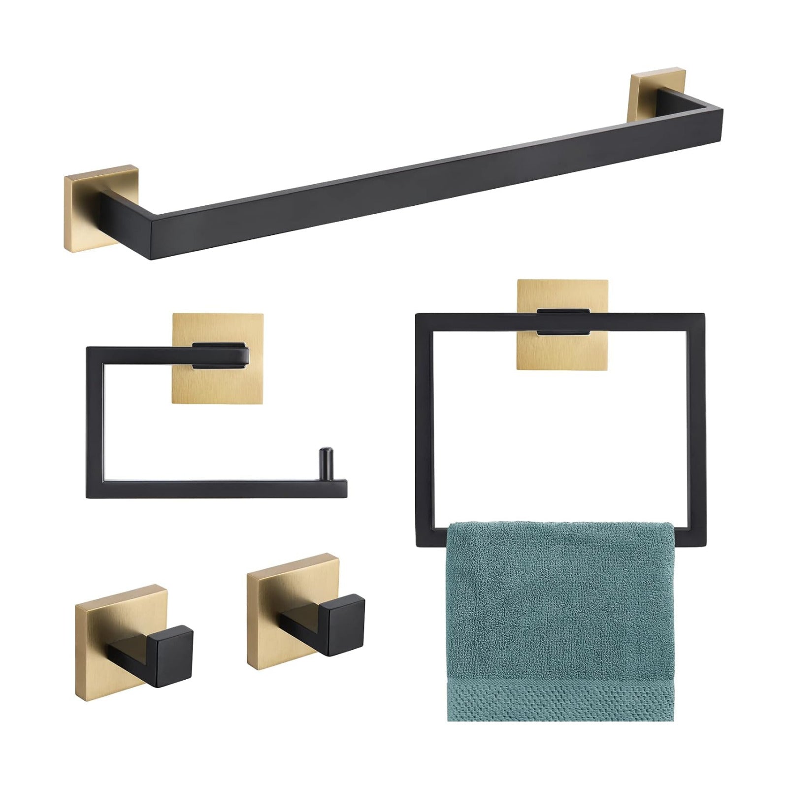 YACVCL 5 Pieces Bathroom Hardware Set, Black and Gold Towel Bar Set, 23.6 inch Towel Bar Hand Towel Holder Wall Mounted