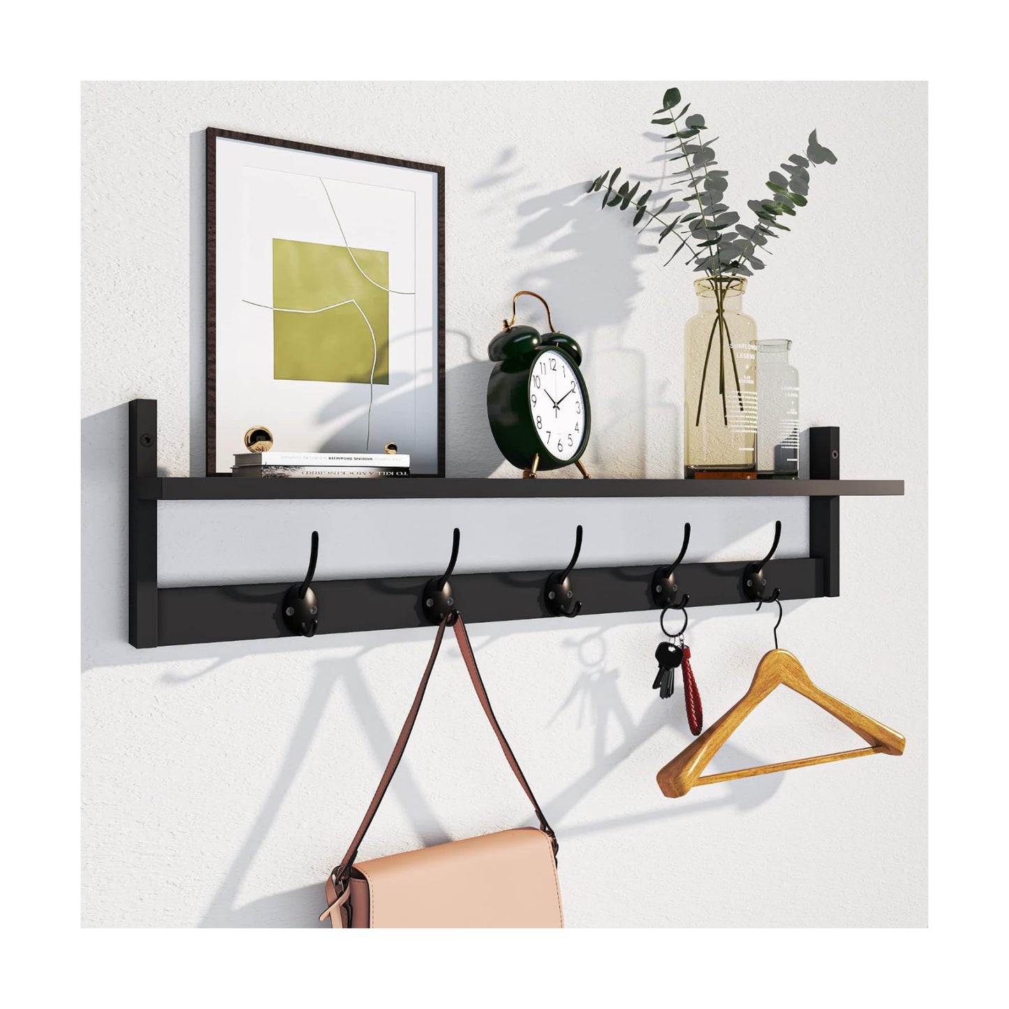 AMBIRD Wall Hooks with Shelf Entryway Hanging Wood Coat Hooks with Shelf Wall-Mounted Coat Hook Rack with 5 Dual Hooks