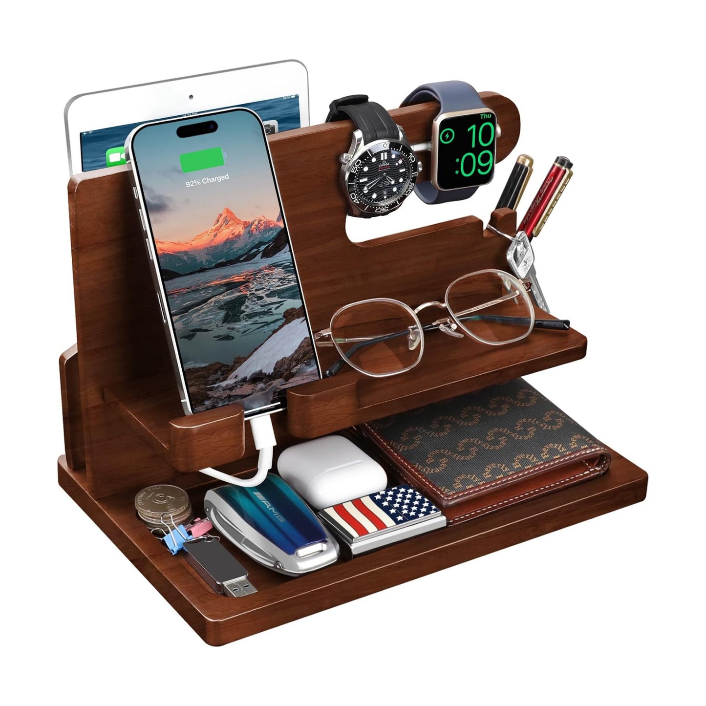 Wood Phone Docking Station - Nightstand Charging Organizer and Cell Phone Stand - Bedside Gift for Men