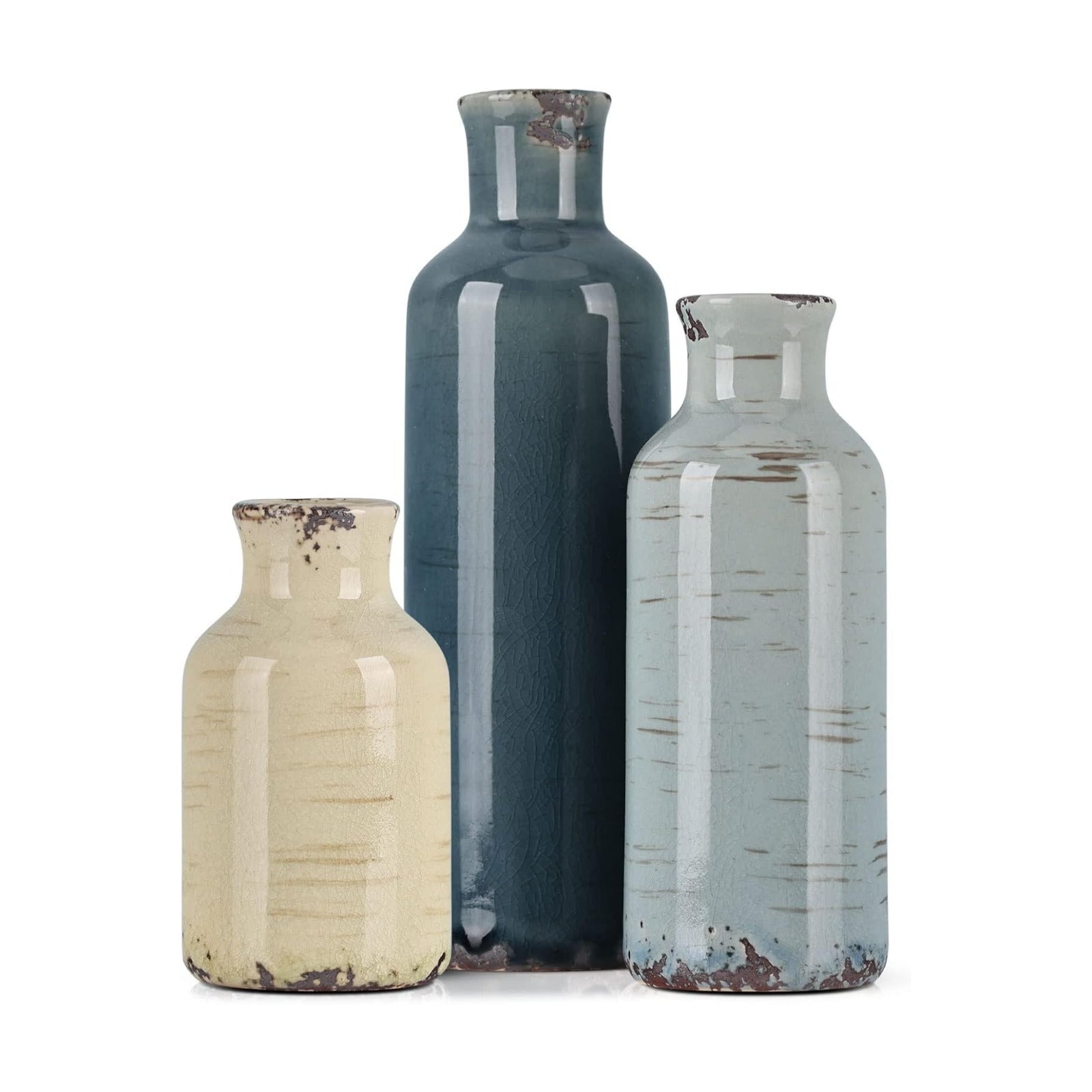 Multicolor Ceramic Vase / Blue Grey Beige / Set of 3
