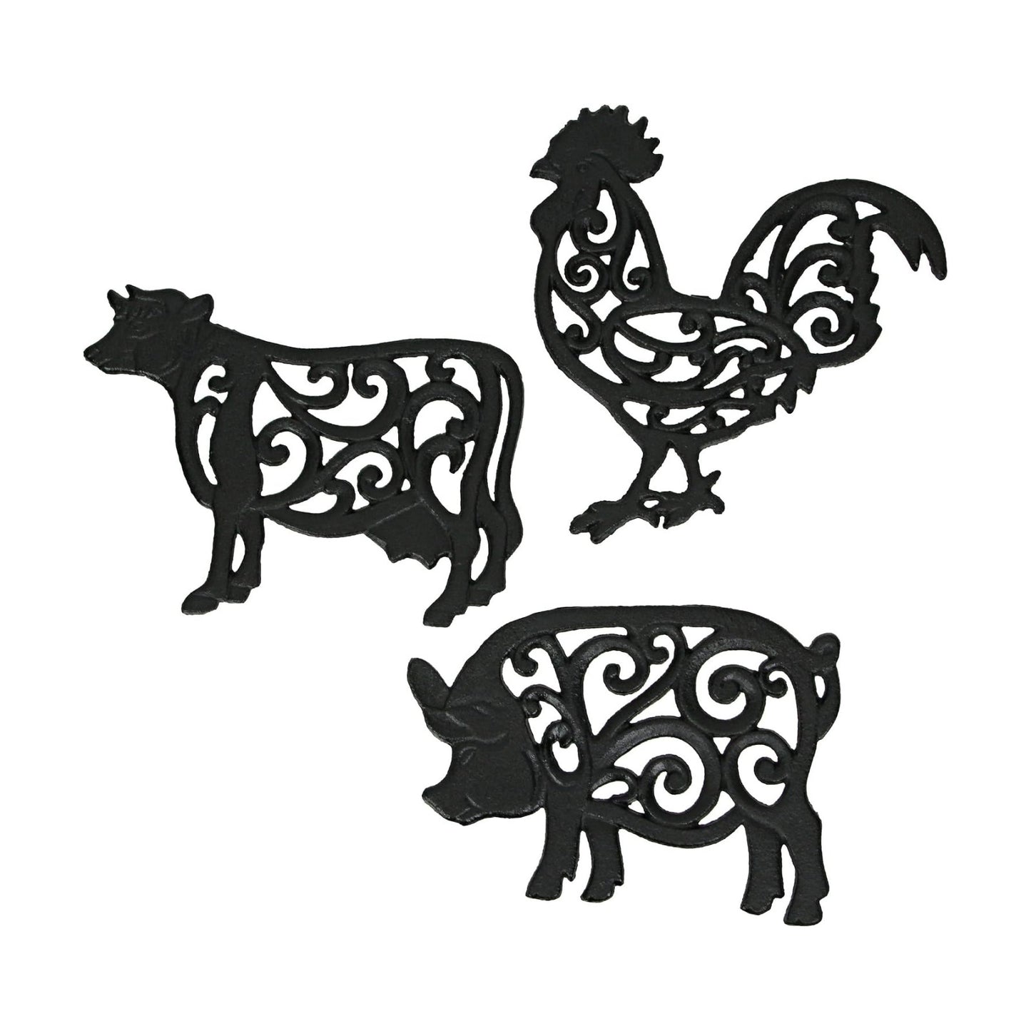 Set of 3 Farm Animal Kitchen Trivets, Black 9 Inch Cast Iron | Rooster, Pig and Cow Designs, Enamel Coating with