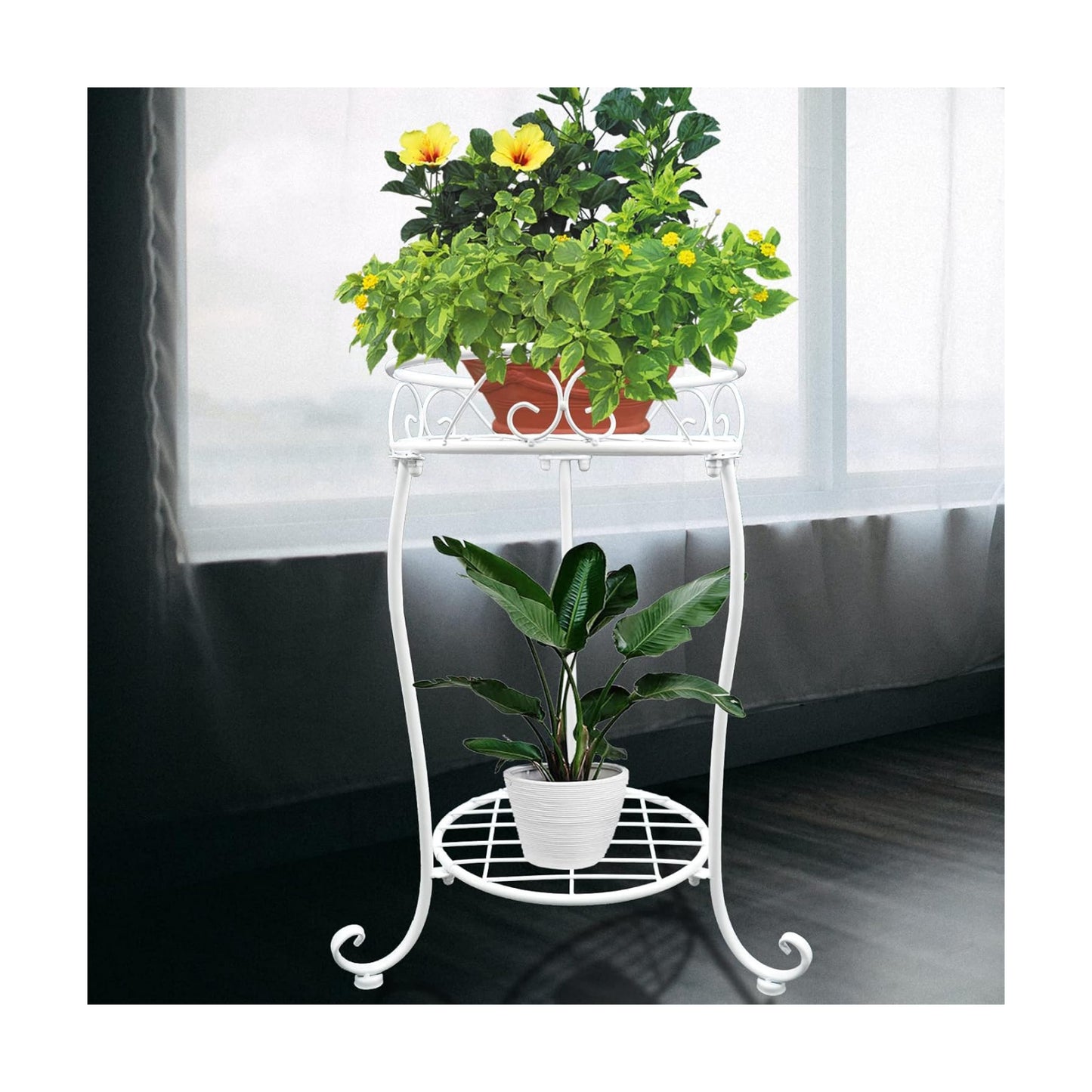 NAKUPE White Metal Plant Stand Indoor Outdoor, 18.5inch Tall 2 Tier Shelf | Heavy Duty Potted Rack, Flower Pot Holder