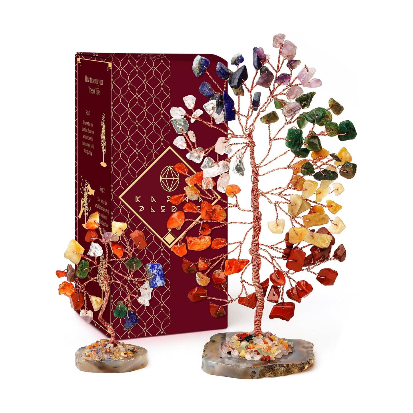 KARMAPLEDGE Set of 2 Crystal Trees Unique Birthday Gifts for Women, Mom & Dad, Slice Base Handmade Reiki Healing Stones