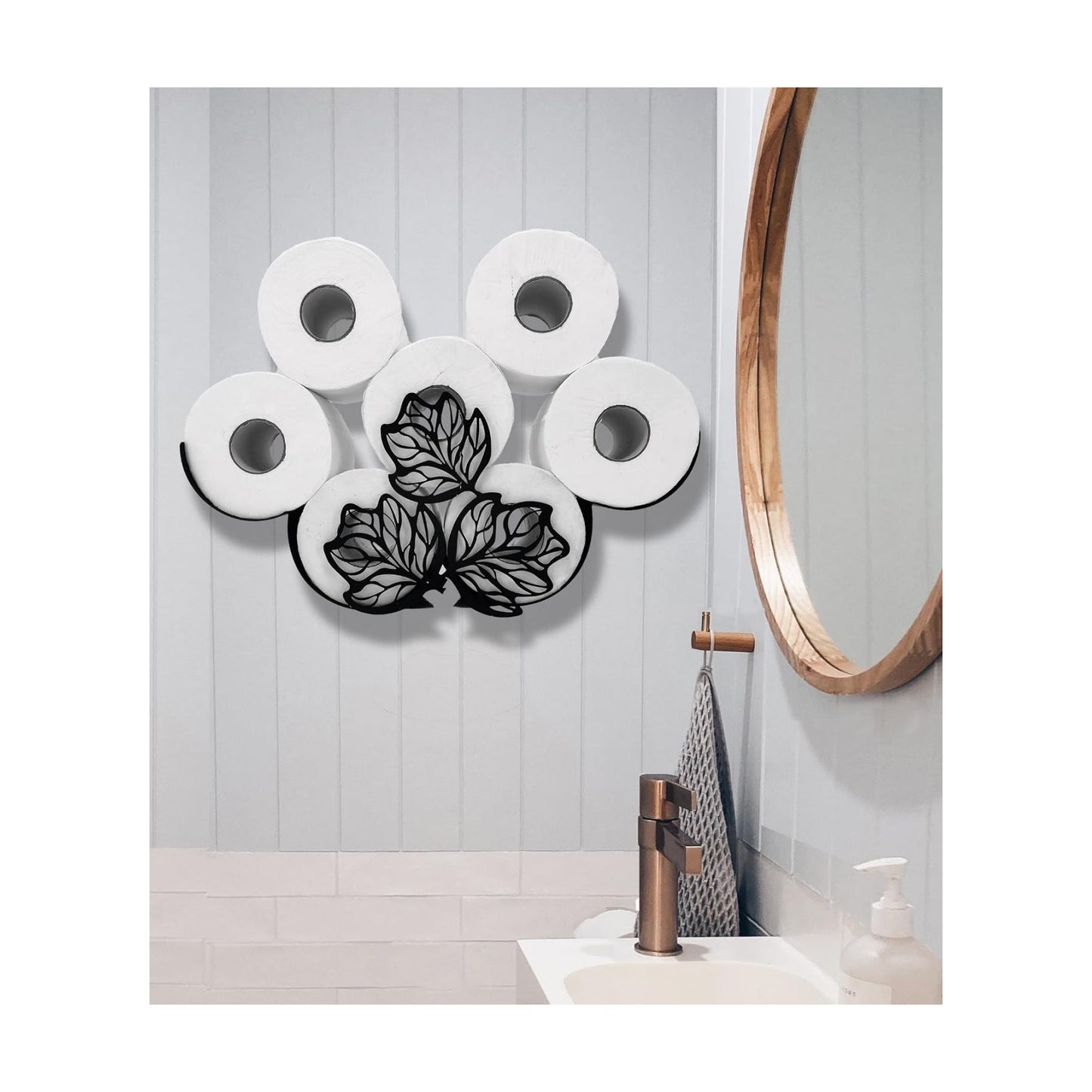 Leaves Metal Wall Toilet Tissue Holder, Black Toilet Paper Storage, Cute Wall Organizer for Bathrooms, Holds Extra 8