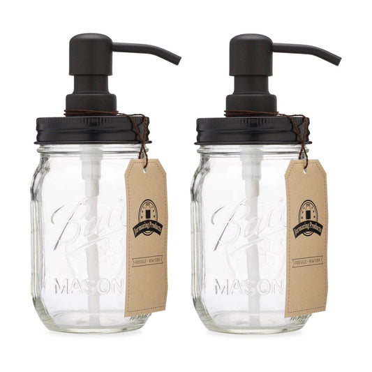 Mason Jar Soap Dispenser - Black - with 16 Ounce Ball Mason Jar - Made from Rust Proof Stainless Steel - Two Pack