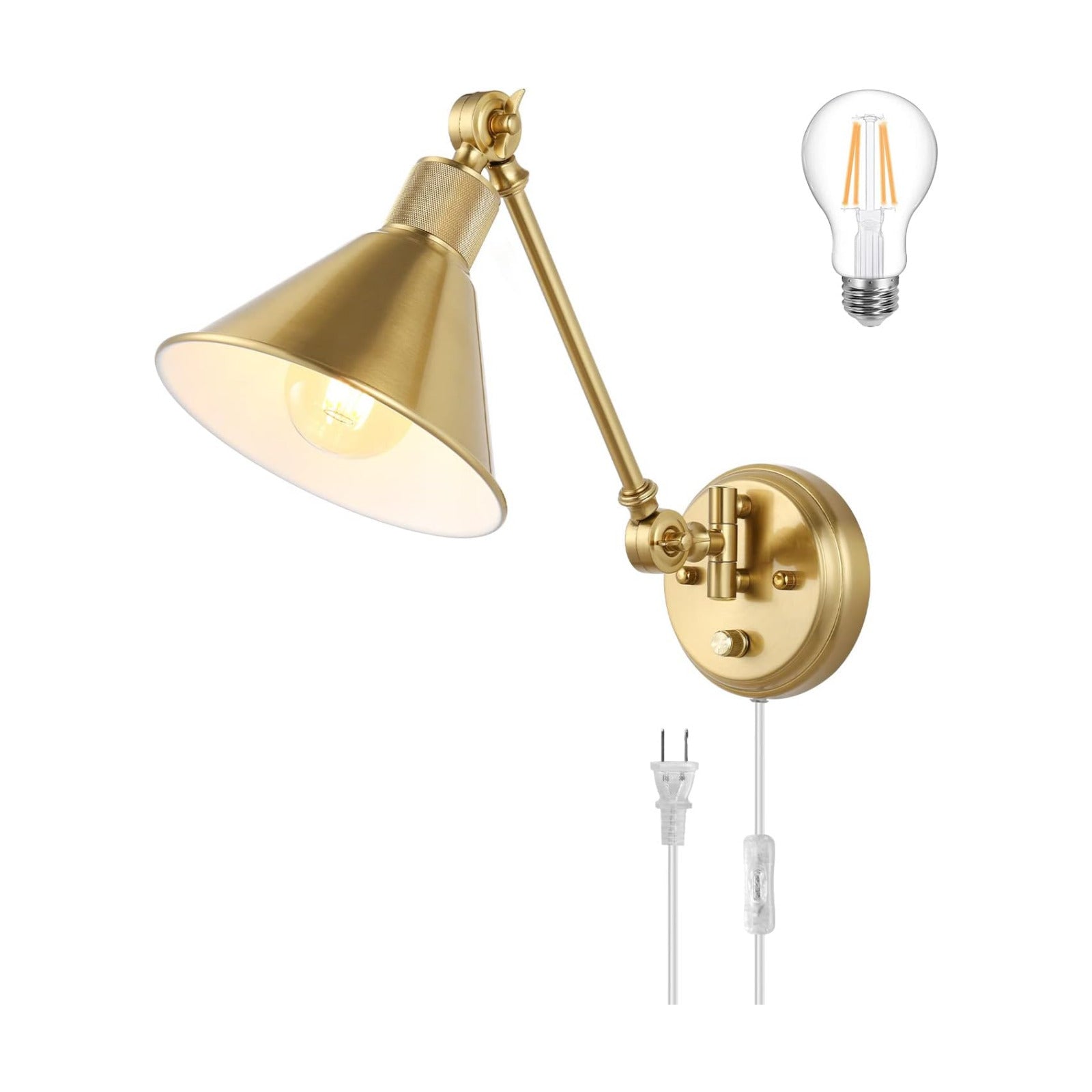 TRLIFE Wall Sconce Plug in, Dimmable Wall Sconce Brushed Brass Swing Arm Wall Lights with Plug in Cord and Dimmer