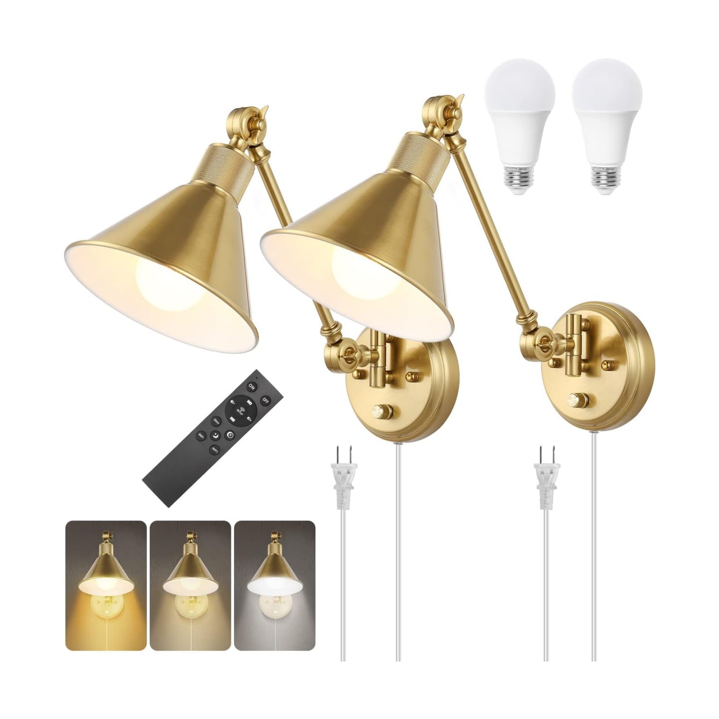 TRLIFE Dimmable Wall Sconce with Remote Control, Brushed Brass Plug in Wall Sconces Adjustable Color Temperature