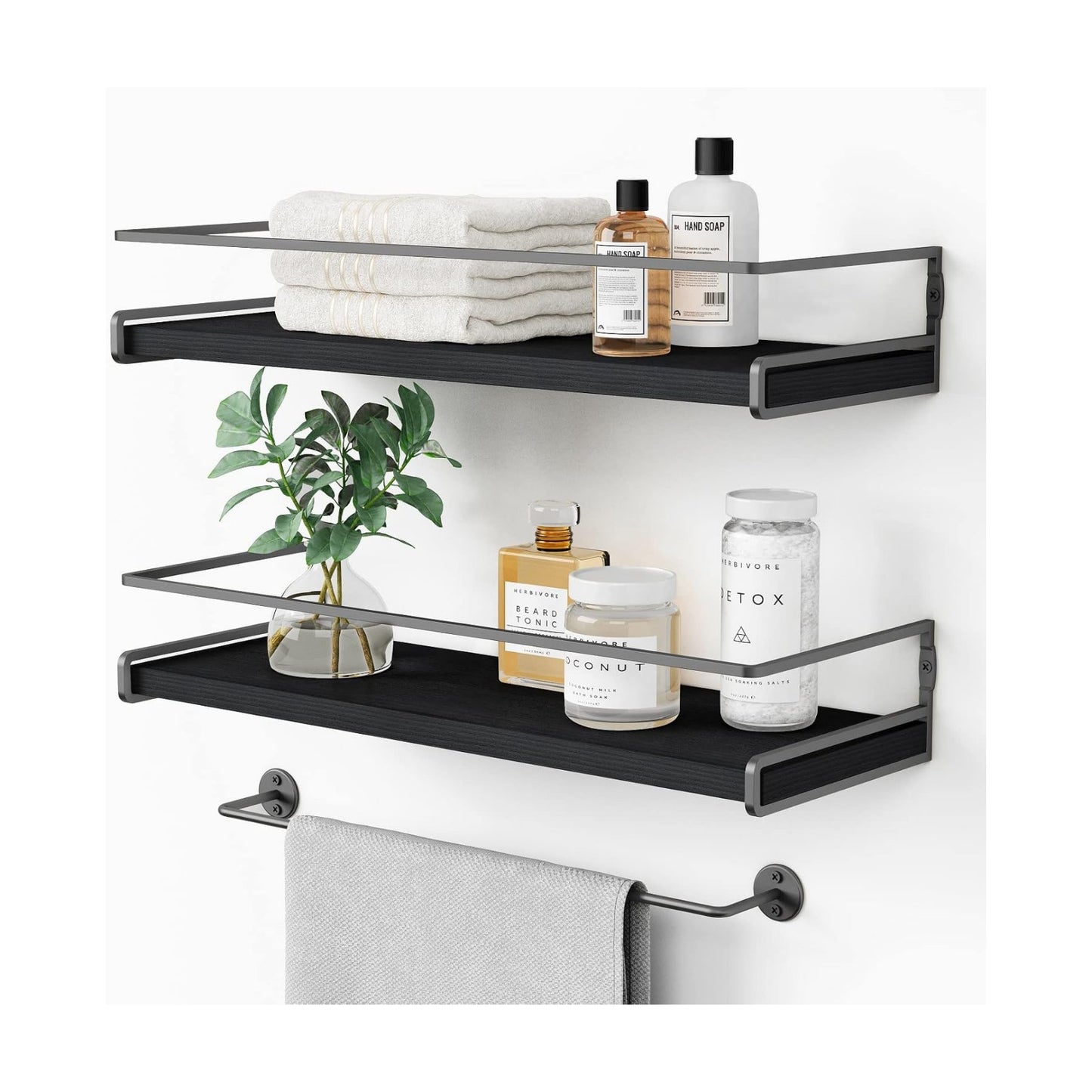 Forbena Black Floating Shelves for Bathroom Wall Set of 2, Kitchen Spice Rack Wall Mount, Modern Wood Hanging Wall