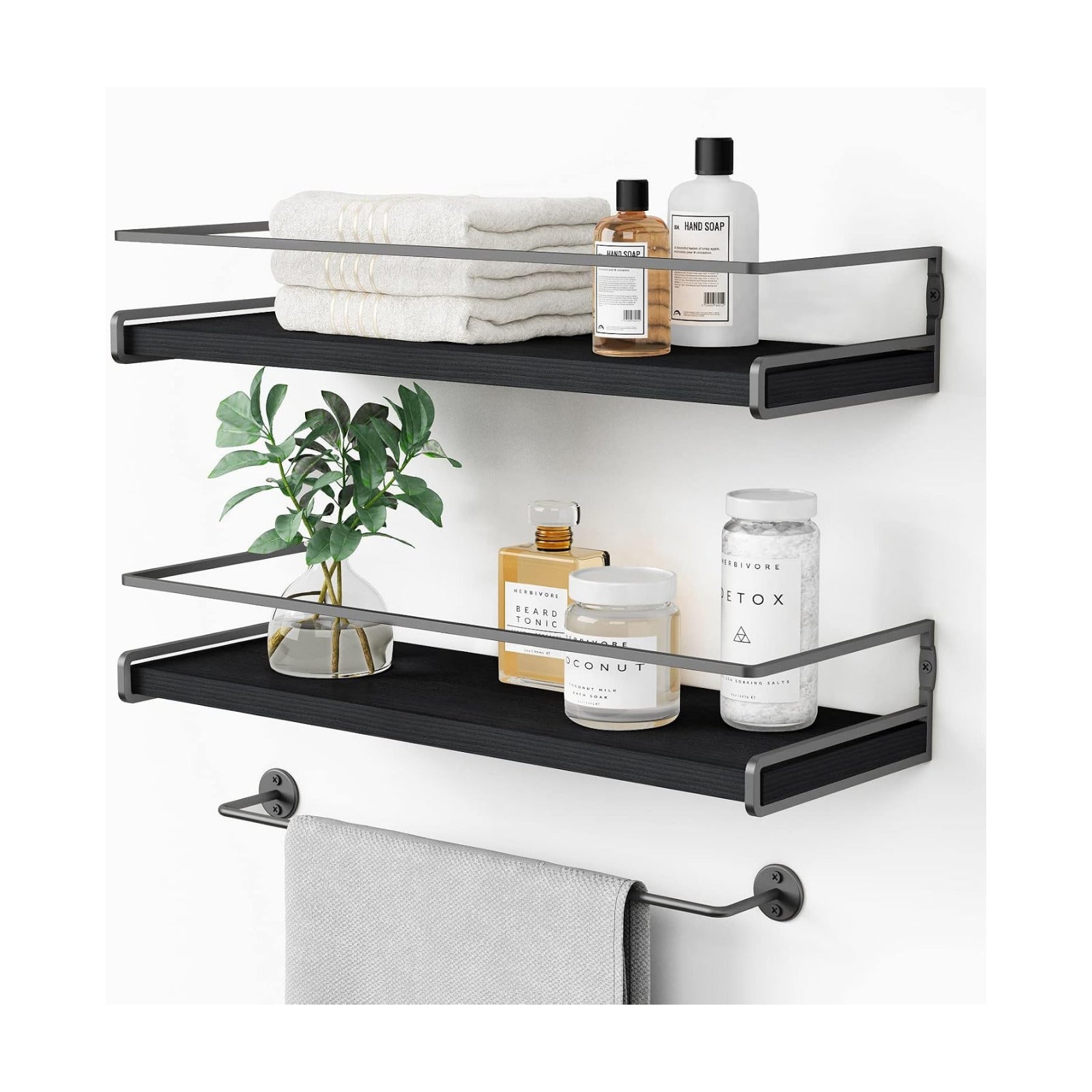 Forbena Black Floating Shelves for Bathroom Wall Set of 2, Kitchen Spice Rack Wall Mount, Modern Wood Hanging Wall