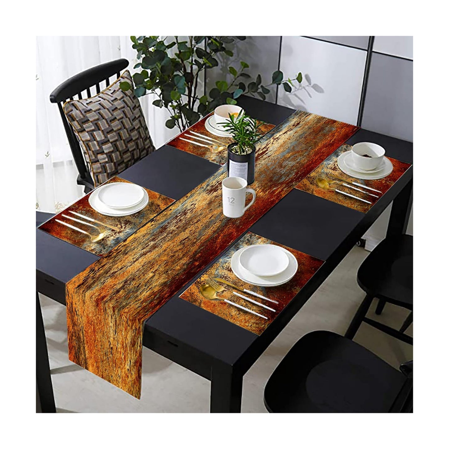 Brown Rust Table Runner and Placemats Set of 6, Linen 90" Long | Abstract colorful rusty metal style. Washable linen