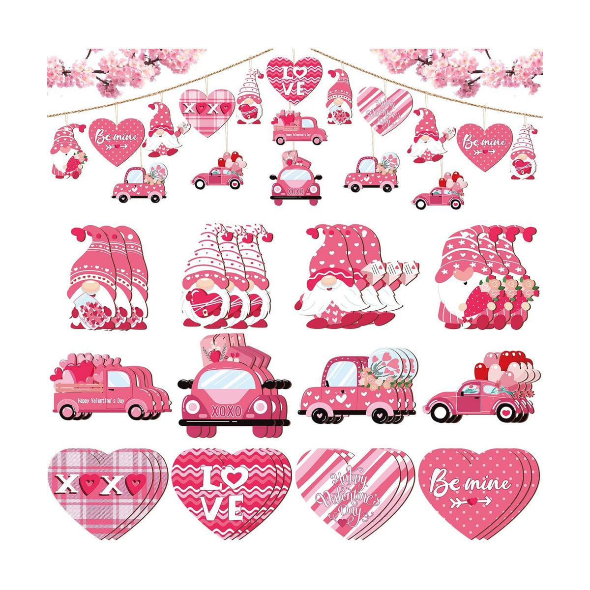 Qunclay 36 Pcs Valentine's Ornaments Wooden Hanging Gnome Ornaments