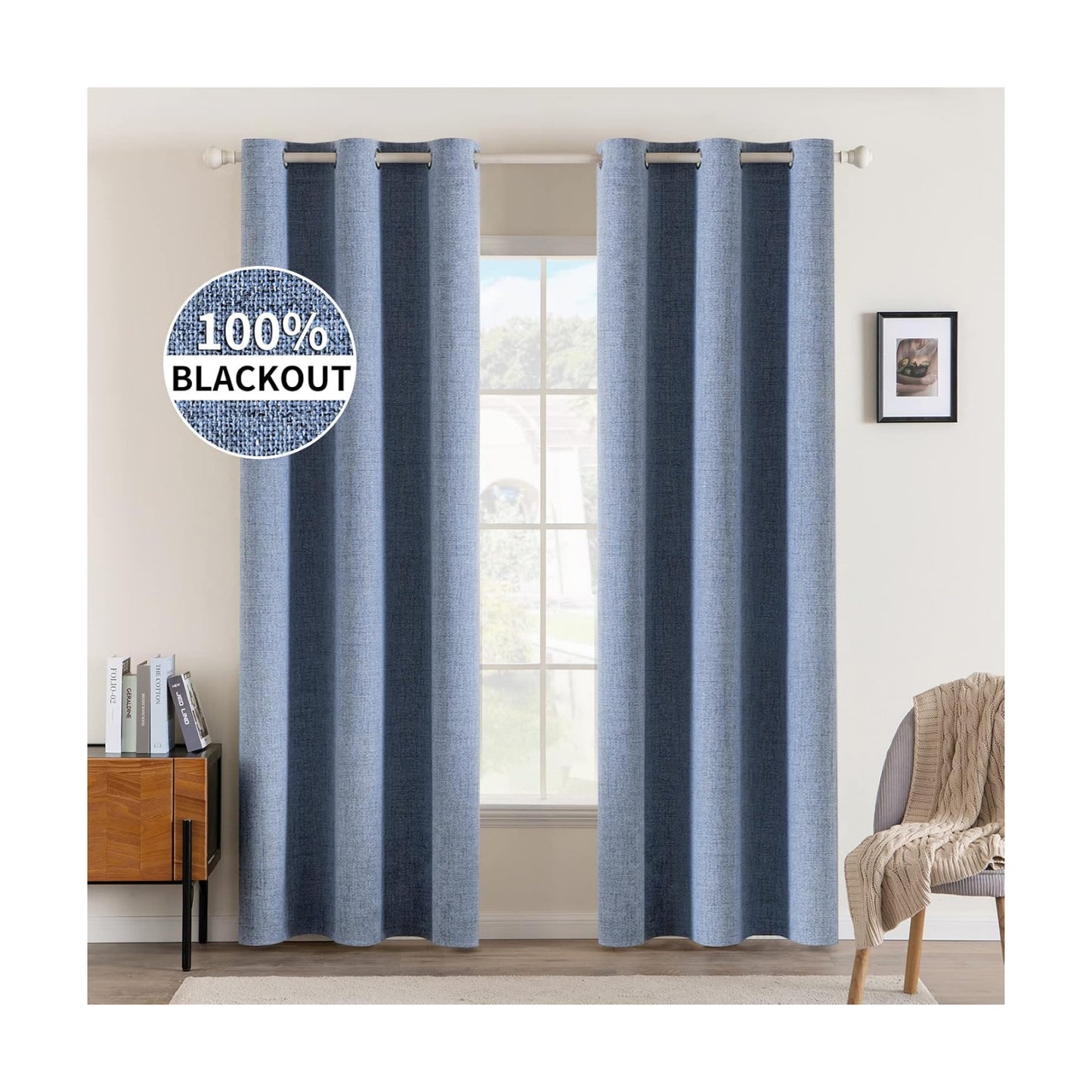 MIULEE 100% Blackout Linen Curtains for Bedroom 42x90 Inches Stone Blue